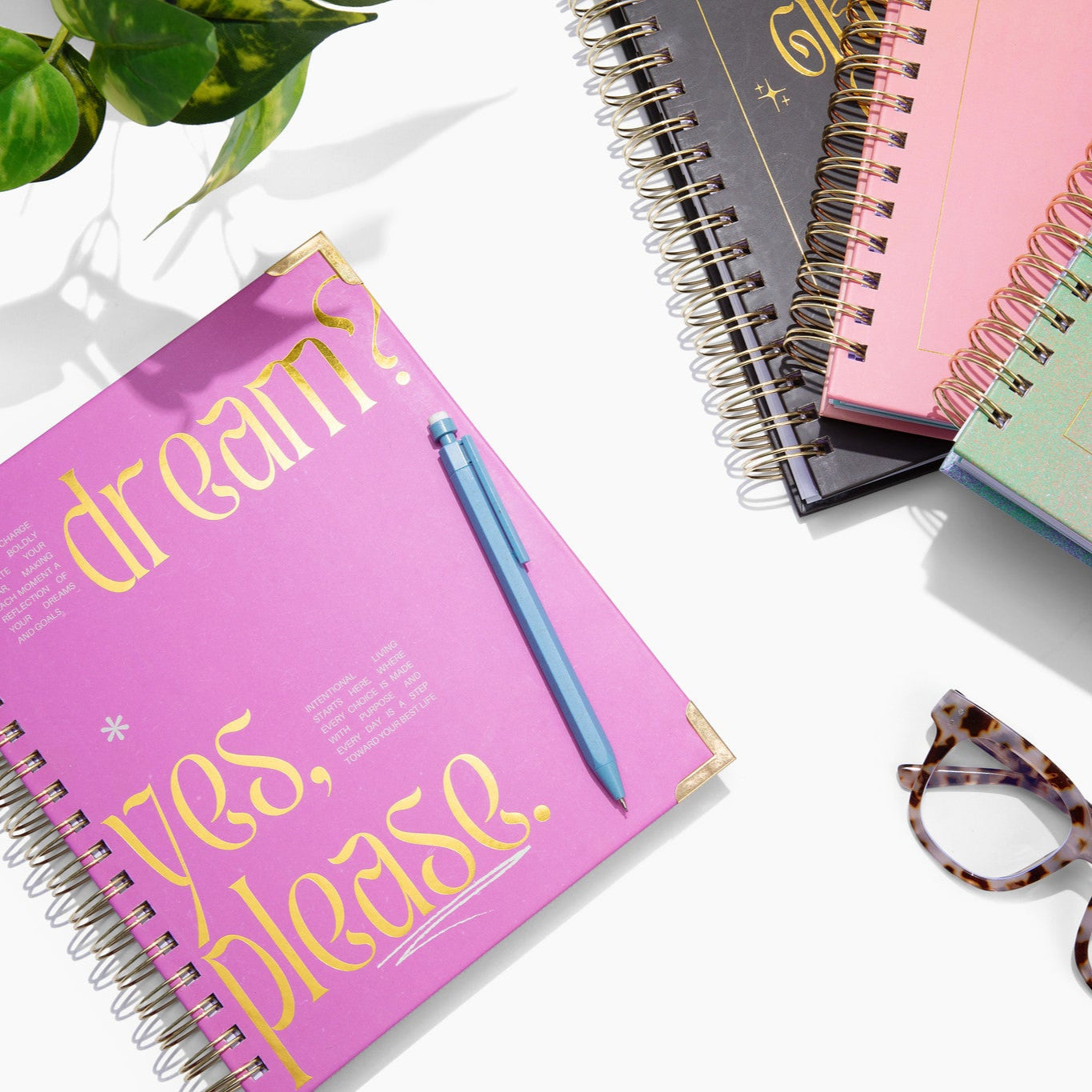 Pink notebook with 'dream yes please' text, pen, and glasses on a white surface